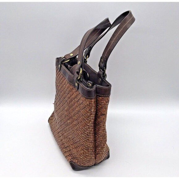 Vintage Fossil Brown Wicker Weave Double Handle Purse 78082 Inside Zip Pocket - Picture 10 of 15
